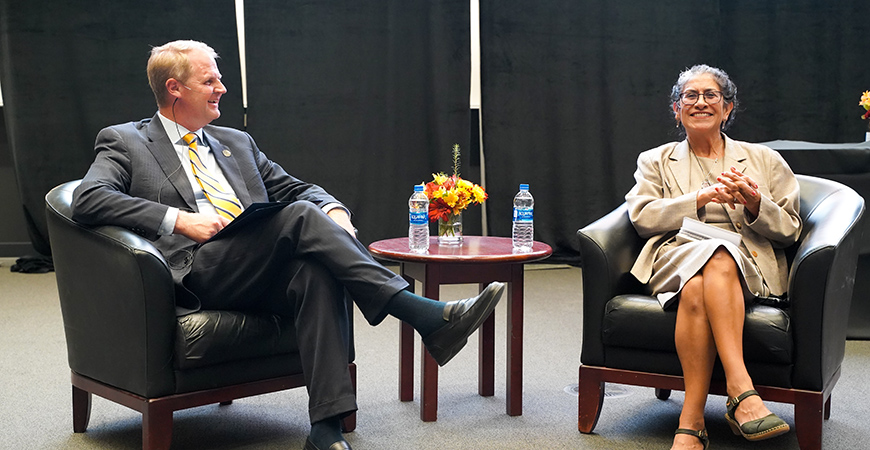 Interim Chancellor Nathan Brostom welcomes Maria Echaveste to UC Merced for a conversation on