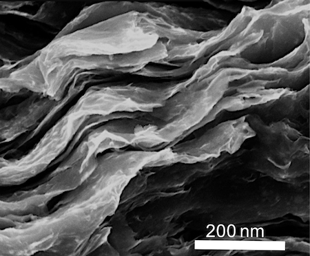 Electron micrograph of stacked 2-D sheets of molybdenum disulfide.