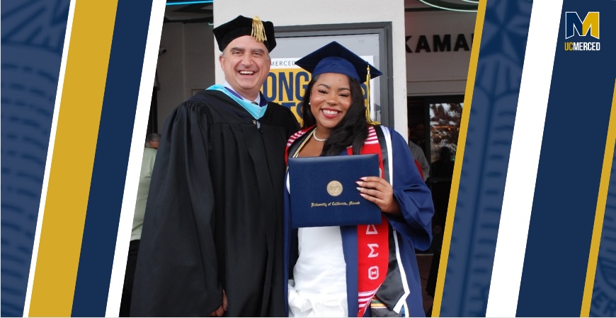 Photo depicts Brian O'Bruba, assistant vice chancellor at UC Merced, and student Tatiana Howell in graduation cap and gown.