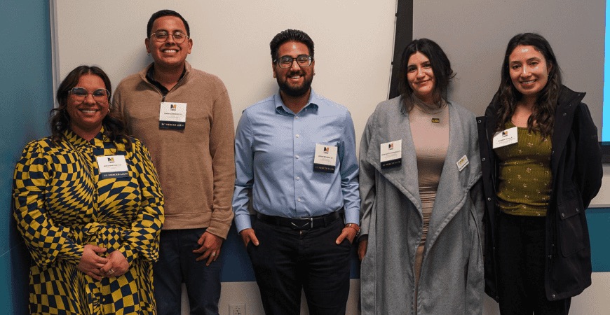 From left: Panelists Mayra Martinez, Omar Guerrero, Josiah Beharry, Ebony Goytia Hermosillo, and moderator Andrea Tafolla.