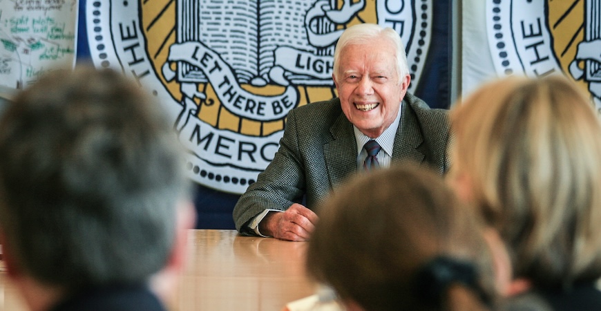 Former President Jimmy Carter is shown speaking with students at UC Merced in 2010.