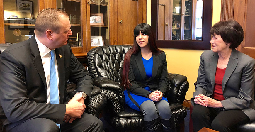 U.S. Rep. Jeff Denham meets with graduate student Boe Mendewala and Chancellor Dorothy Leland.