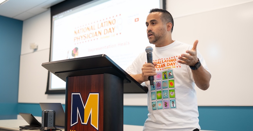 Dr. Michael Galvez speaks to students at UC Merced about National Latino Physician Day.