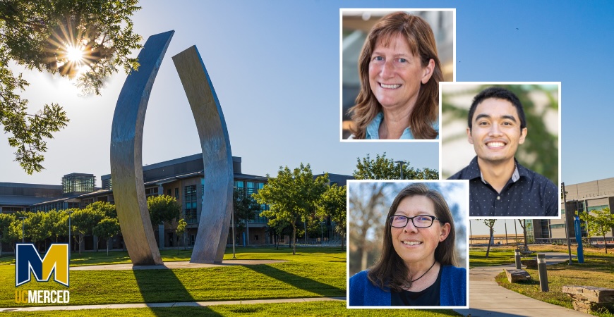 Photo depicts mugshots of professors Andrea Joyce, Josh Garcia and Crystal Kolden on a background of the Beginnings sculpture at UC Merced.