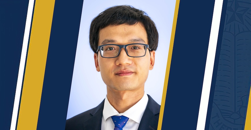 A mugshot of Pengfei Su is depicted on a blue and gold striped background.