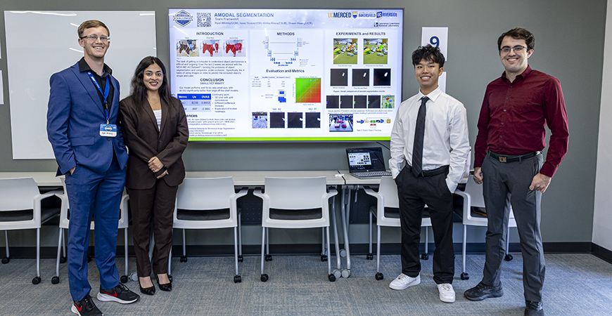 Four student standing in front of their poster at the Data Science Challenge